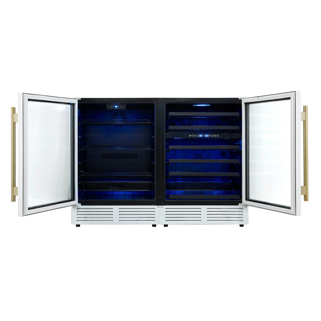 Gemello 48 Inch Side-by-Side Wine and Beverage Cooler in White with Antique Brass Handles, French Door, 9.6 cu. ft. FORNO