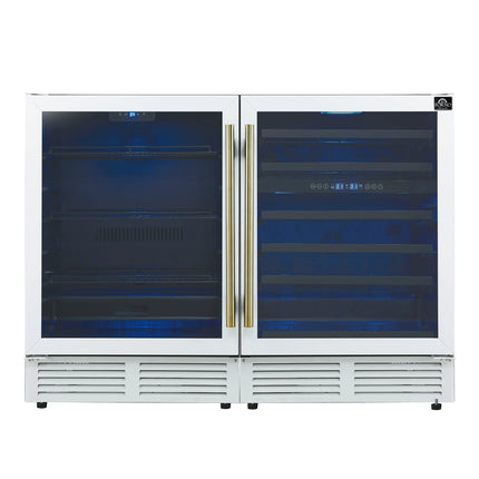 Gemello 48 Inch Side-by-Side Wine and Beverage Cooler in White with Antique Brass Handles, French Door, 9.6 cu. ft. FORNO