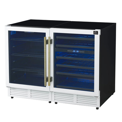 Gemello 48 Inch Side-by-Side Wine and Beverage Cooler in White with Antique Brass Handles, French Door, 9.6 cu. ft. FORNO