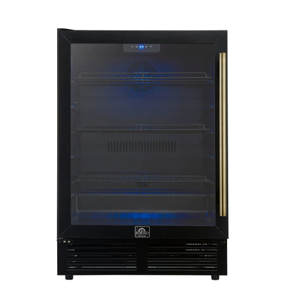 Forno Frescolino 24 Inch Beverage Cooler, Black with Antique Brass Handles, with LED Lighting, Triple Glass Door, 188 Can Capacity, Built-In or Freestanding FORNO