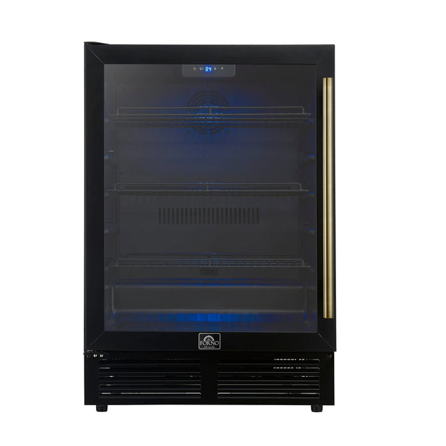 Forno Frescolino 24 Inch Beverage Cooler, Black with Antique Brass Handles, with LED Lighting, Triple Glass Door, 188 Can Capacity, Built-In or Freestanding FORNO