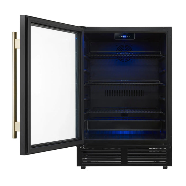 Forno Frescolino 24 Inch Beverage Cooler, Black with Antique Brass Handles, with LED Lighting, Triple Glass Door, 188 Can Capacity, Built-In or Freestanding FORNO