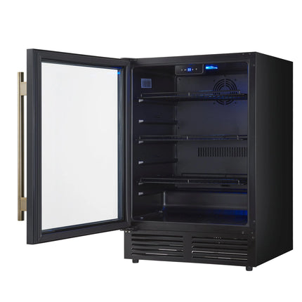 Forno Frescolino 24 Inch Beverage Cooler, Black with Antique Brass Handles, with LED Lighting, Triple Glass Door, 188 Can Capacity, Built-In or Freestanding FORNO