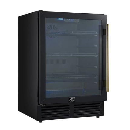 Forno Frescolino 24 Inch Beverage Cooler, Black with Antique Brass Handles, with LED Lighting, Triple Glass Door, 188 Can Capacity, Built-In or Freestanding FORNO
