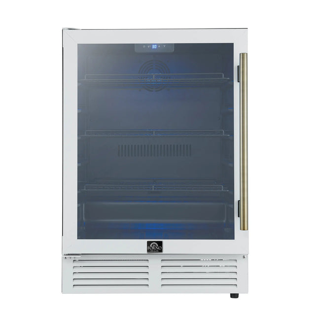Forno Frescolino 24 Inch Beverage Cooler, White with Antique Brass Handles, with LED Lighting, Triple Glass Door, 188 Can Capacity, Built-In or Freestanding FORNO