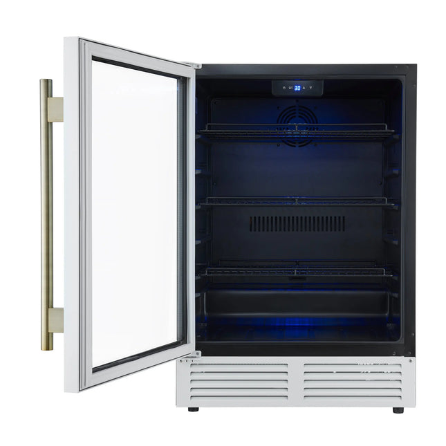Forno Frescolino 24 Inch Beverage Cooler, White with Antique Brass Handles, with LED Lighting, Triple Glass Door, 188 Can Capacity, Built-In or Freestanding FORNO