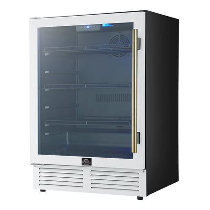Forno Frescolino 24 Inch Beverage Cooler, White with Antique Brass Handles, with LED Lighting, Triple Glass Door, 188 Can Capacity, Built-In or Freestanding FORNO