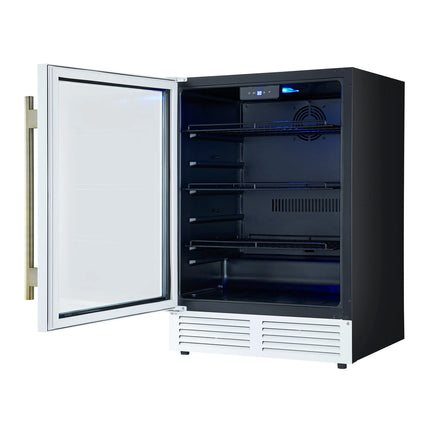 Forno Frescolino 24 Inch Beverage Cooler, White with Antique Brass Handles, with LED Lighting, Triple Glass Door, 188 Can Capacity, Built-In or Freestanding FORNO