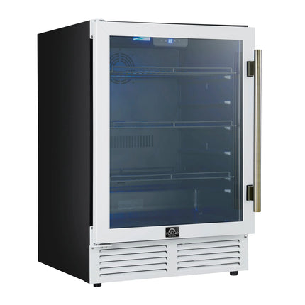 Forno Frescolino 24 Inch Beverage Cooler, White with Antique Brass Handles, with LED Lighting, Triple Glass Door, 188 Can Capacity, Built-In or Freestanding FORNO