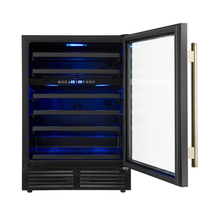 Forno Bacchino 24 Inch Wine Cooler, Black with Antique Brass Handles, with LED Lighting, Triple Glass Door, 51 Bottle Capacity, Built-In or Freestanding FORNO
