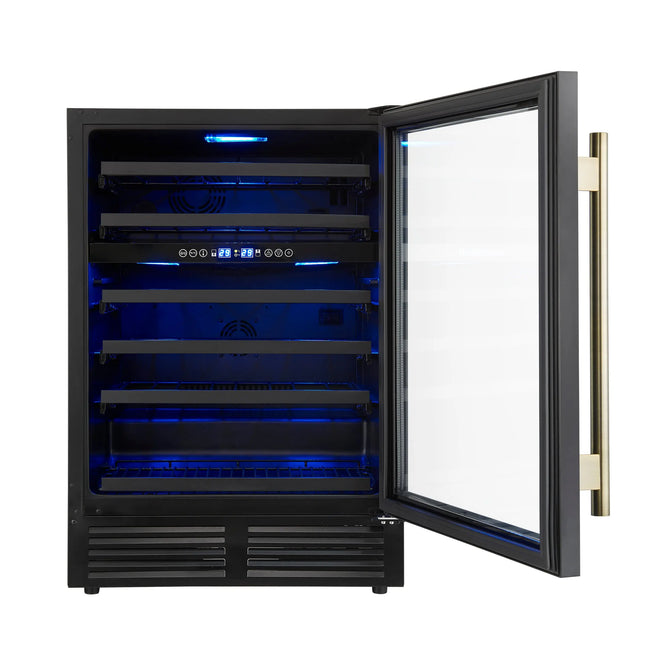 Forno Bacchino 24 Inch Wine Cooler, Black with Antique Brass Handles, with LED Lighting, Triple Glass Door, 51 Bottle Capacity, Built-In or Freestanding FORNO