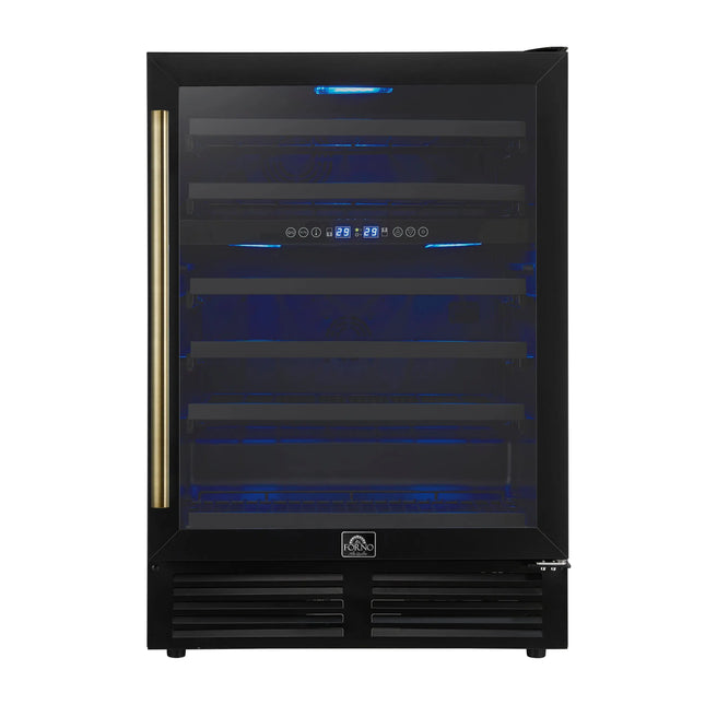 Forno Bacchino 24 Inch Wine Cooler, Black with Antique Brass Handles, with LED Lighting, Triple Glass Door, 51 Bottle Capacity, Built-In or Freestanding FORNO