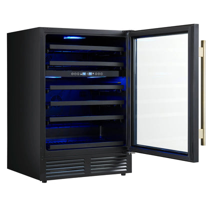 Forno Bacchino 24 Inch Wine Cooler, Black with Antique Brass Handles, with LED Lighting, Triple Glass Door, 51 Bottle Capacity, Built-In or Freestanding FORNO