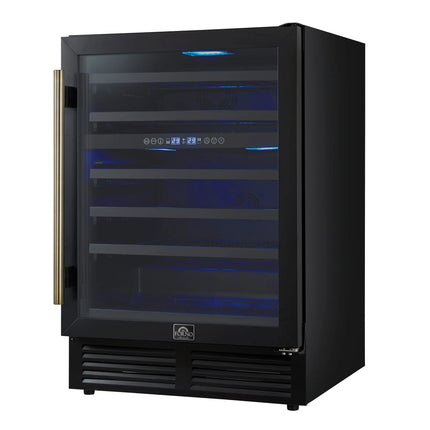 Forno Bacchino 24 Inch Wine Cooler, Black with Antique Brass Handles, with LED Lighting, Triple Glass Door, 51 Bottle Capacity, Built-In or Freestanding FORNO