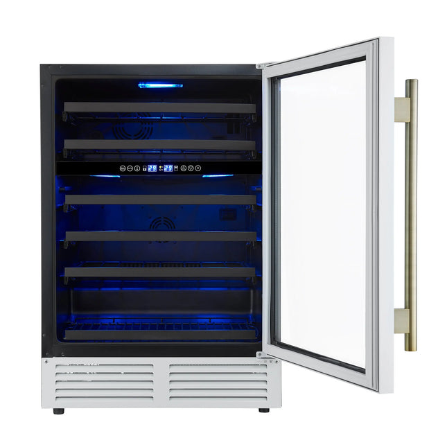 Forno Bacchino 24 Inch Wine Cooler, White with Antique Brass Handles, with LED Lighting, Triple Glass Door, 51 Bottle Capacity, Built-In or Freestanding FORNO