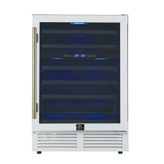 Forno Bacchino 24 Inch Wine Cooler, White with Antique Brass Handles, with LED Lighting, Triple Glass Door, 51 Bottle Capacity, Built-In or Freestanding FORNO