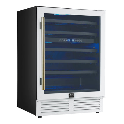 Forno Bacchino 24 Inch Wine Cooler, White with Antique Brass Handles, with LED Lighting, Triple Glass Door, 51 Bottle Capacity, Built-In or Freestanding FORNO