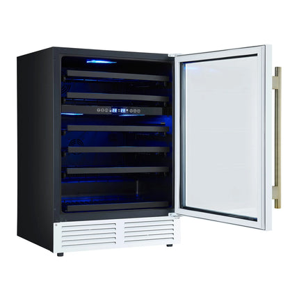 Forno Bacchino 24 Inch Wine Cooler, White with Antique Brass Handles, with LED Lighting, Triple Glass Door, 51 Bottle Capacity, Built-In or Freestanding FORNO