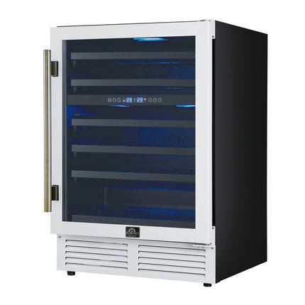 Forno Bacchino 24 Inch Wine Cooler, White with Antique Brass Handles, with LED Lighting, Triple Glass Door, 51 Bottle Capacity, Built-In or Freestanding FORNO