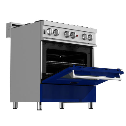 ZLINE 30 in. 4.0 cu. ft. Legacy Dual Fuel Range with 4 Burner Gas Cooktop and Electric Convection Oven in Satin Stainless Steel and Blue Gloss Door (RAS-BG-30)