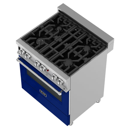 ZLINE 30 in. 4.0 cu. ft. Legacy Dual Fuel Range with 4 Burner Gas Cooktop and Electric Convection Oven in Satin Stainless Steel and Blue Gloss Door (RAS-BG-30)