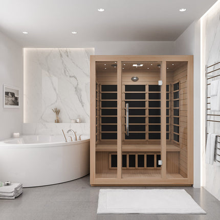SteamSpa Maldives 3-Person Carbon FAR Infrared Hemlock Wooden Indoor Home Sauna Room with LED Touch Control Panel SteamSpa