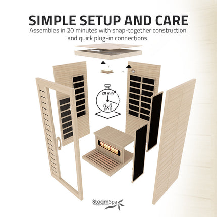 SteamSpa Lucia 1-Person Carbon FAR Infrared Hemlock Wooden Indoor Home Sauna Room with LED Touch Control Panel SteamSpa