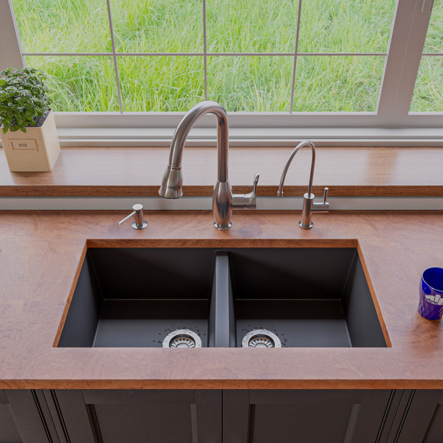 ALFI brand AB3420UM-BLA Black 34" Undermount Double Bowl Granite Composite Kitchen Sink Alfi Brand