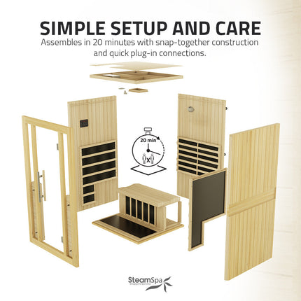 SteamSpa Fiji 2-Person Carbon FAR Infrared Hemlock Wooden Indoor Home Sauna Room with LED Touch Control Panel SteamSpa