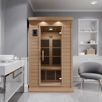 SteamSpa Seychelles 2-Person Carbon FAR Infrared Infrared Hemlock Wooden Indoor Home Sauna Room with LED Touch Control Panel SteamSpa