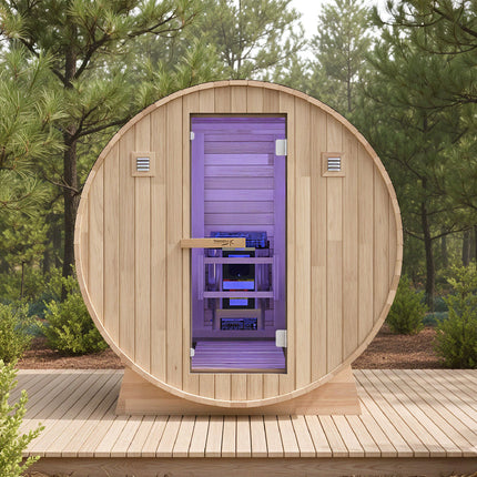 4-6-Person Outdoor Barrel Wet Sauna in White Cedar with ETL-Certified 6.2kW Sauna Rock Heater, and Bitumen Shingle Roof SteamSpa