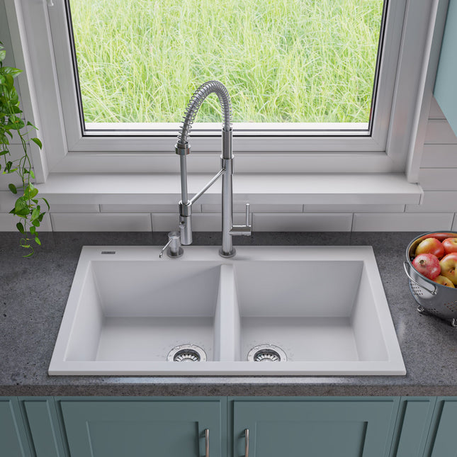 ALFI brand AB3420DI-W White 34" Drop-In Double Bowl Granite Composite Kitchen Sink Alfi Brand