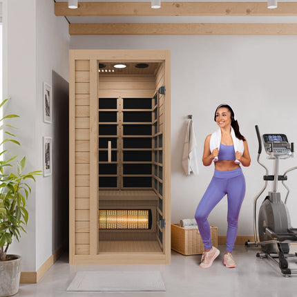 SteamSpa Lucia 1-Person Carbon FAR Infrared Hemlock Wooden Indoor Home Sauna Room with LED Touch Control Panel SteamSpa