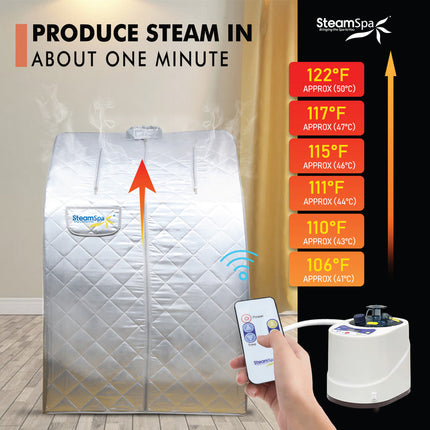 SteamSpa Portable 1-Person 2-Liter Steam Generator Indoor Home Sauna with Digital Controller, Folding Chair and Foot Massager in Silver Finish SteamSpa