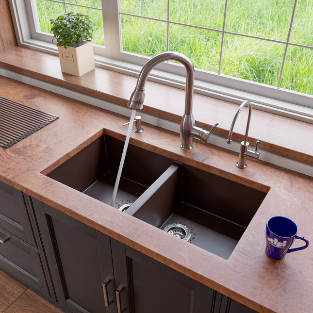 ALFI brand AB3420UM-C Chocolate 34" Undermount Double Bowl Granite Composite Kitchen Sink Alfi Brand