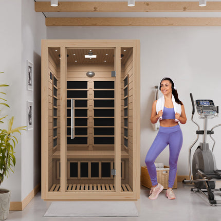 SteamSpa Maldives 2-Person Low EMF Carbon FAR Infrared Hemlock Wooden Indoor Home Sauna Room with LED Touch Control Panel SteamSpa