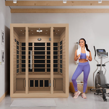 SteamSpa Maldives 3-Person Carbon FAR Infrared Hemlock Wooden Indoor Home Sauna Room with LED Touch Control Panel SteamSpa