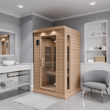 SteamSpa Seychelles 2-Person Carbon FAR Infrared Infrared Hemlock Wooden Indoor Home Sauna Room with LED Touch Control Panel SteamSpa