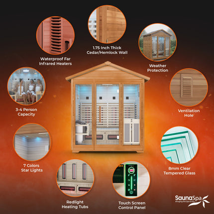 4-Person Infrared and Electric Heater Outdoor Red Cedar and Hemlock Wood Sauna with Wet/Dry Use, Touch Pad Controller SteamSpa