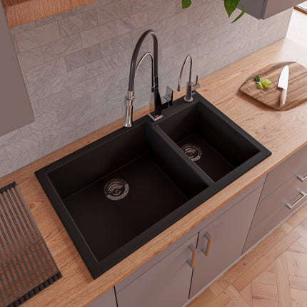 ALFI brand AB3319DI-BLA Black 34" Double Bowl Drop In Granite Composite Kitchen Sink Alfi Brand