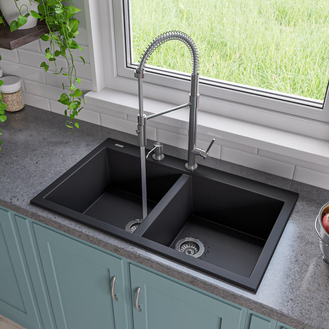 ALFI brand AB3420DI-BLA Black 34" Drop-In Double Bowl Granite Composite Kitchen Sink Alfi Brand