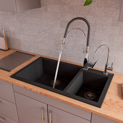 ALFI brand AB3319DI-BLA Black 34" Double Bowl Drop In Granite Composite Kitchen Sink Alfi Brand