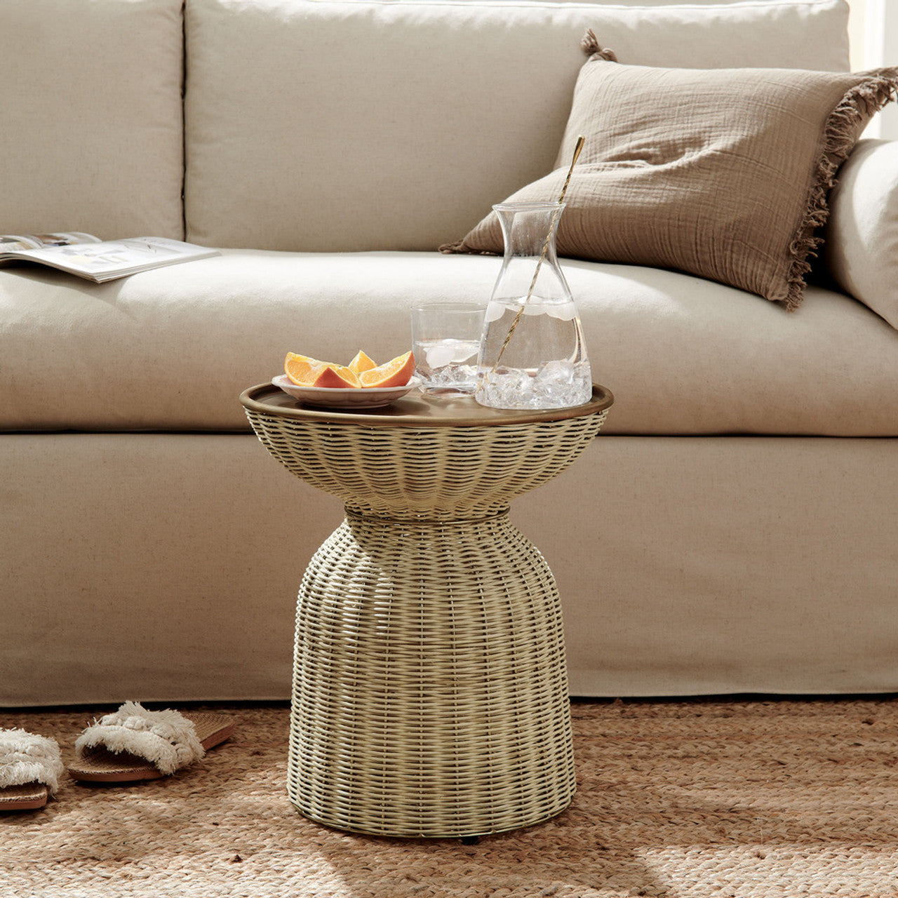 Modway EEI-7189-BBR-NAT Lazaro Round Rattan Side Table - Burnished Brass Natural