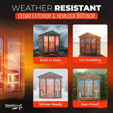 4-Person Infrared and Electric Heater Outdoor Red Cedar and Hemlock Wood Sauna with Wet/Dry Use, Touch Pad Controller SteamSpa