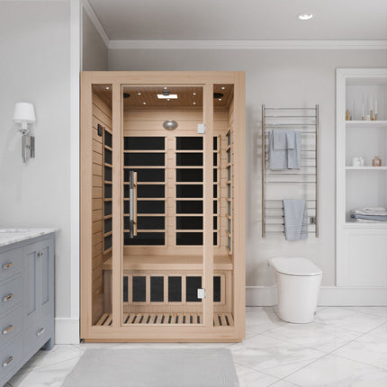 SteamSpa Maldives 2-Person Low EMF Carbon FAR Infrared Hemlock Wooden Indoor Home Sauna Room with LED Touch Control Panel SteamSpa