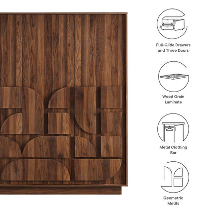 Modway MOD-7164-WAL Bulwark 3-Door Wardrobe Closet Walnut Modway