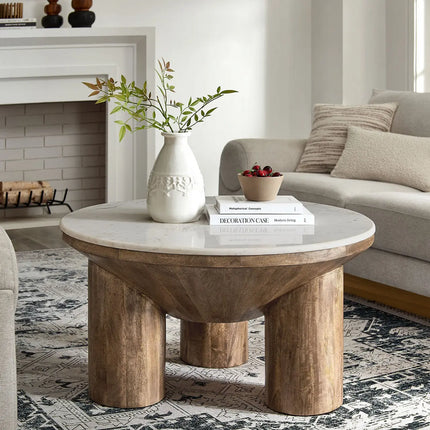Modway EEI-7146-WAL Ellison 33" Round Wood Coffee Table With Marble Top Walnut Modway