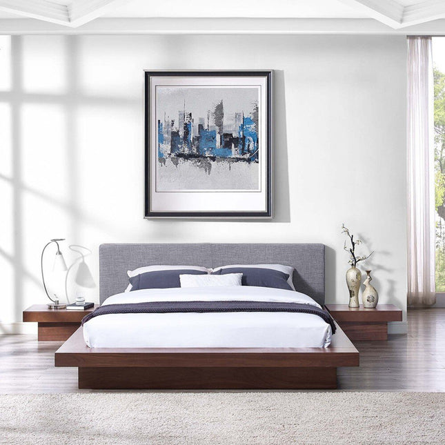 Modway MOD-5492-WAL-GRY-SET Freja 3 Piece Fabric Queen Bedroom Set Walnut Gray Modway