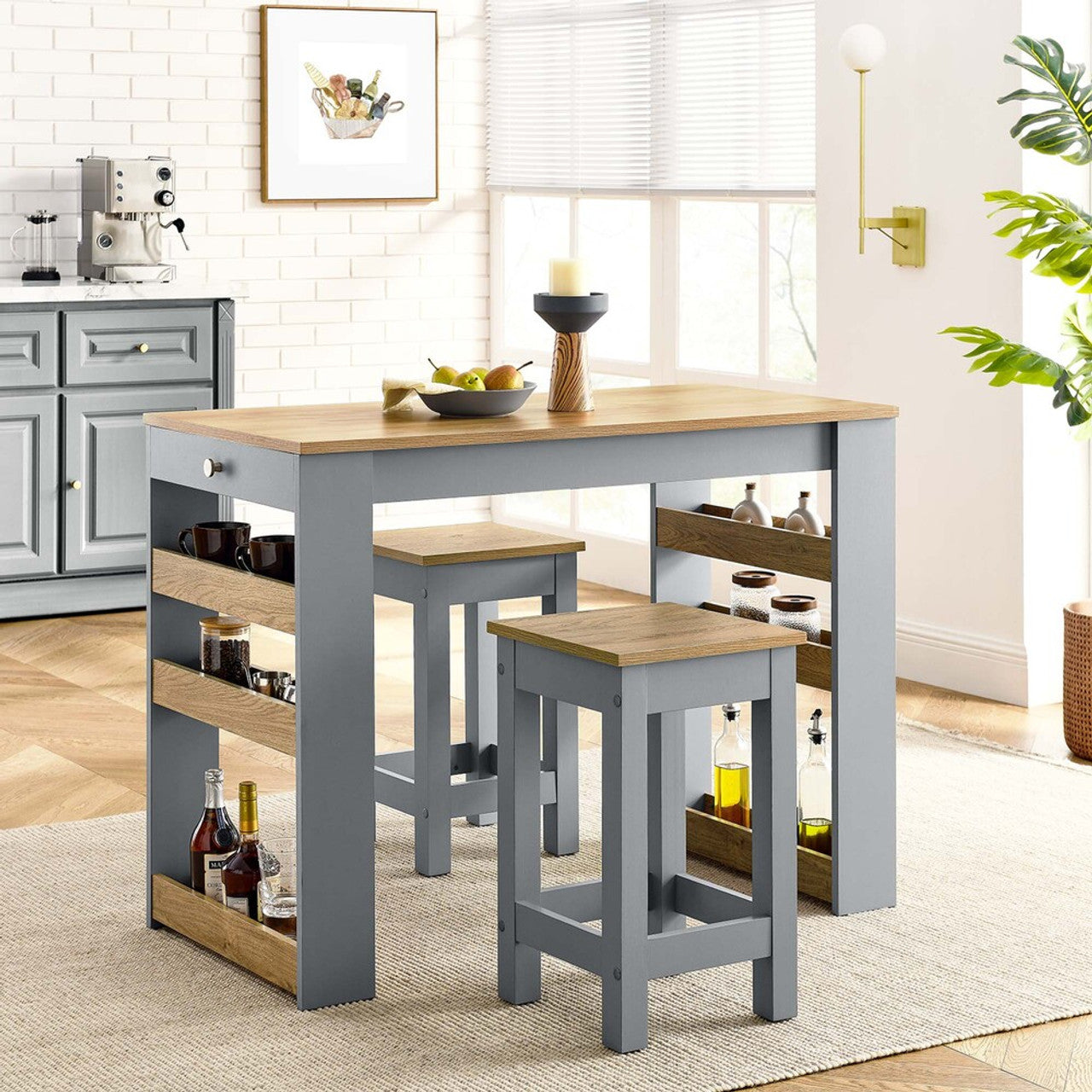 Modway EEI-6730-OAK-GRY Galley 3-Piece Kitchen Island and Stool Set Oak Gray