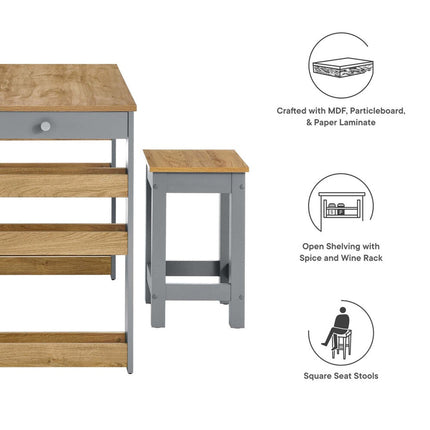 Modway EEI-6730-OAK-GRY Galley 3-Piece Kitchen Island and Stool Set Oak Gray Modway